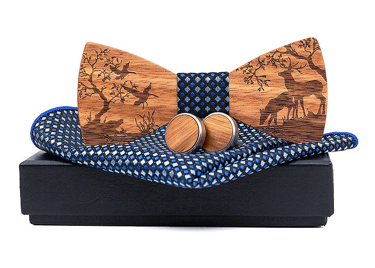 Premium Quality Walnut Wood Bow-tie With Brooch and Cuff-links Wooden Bow Tie Gift Box